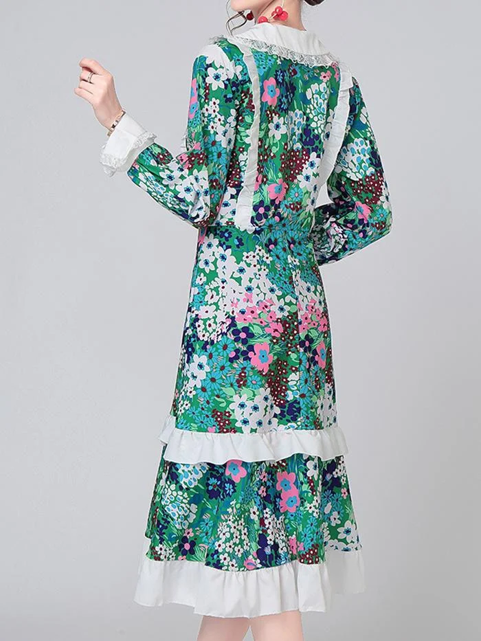 V-neck Women's Lace Doll Collar Fashion Print Dress