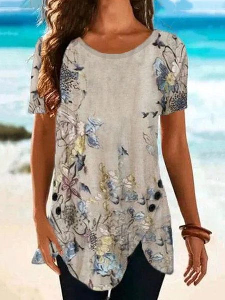 Casual Bateau/boat Neck Floral T-shirt