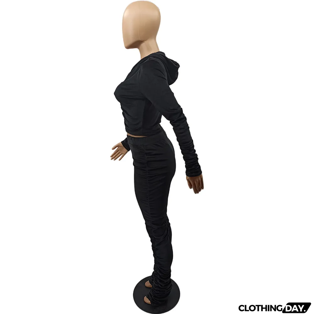 Velvet Pleated Zipper Hooded Jacket Skinny Pants Suit