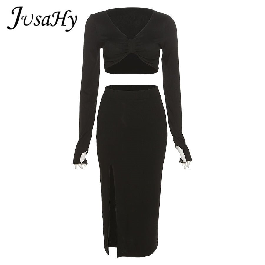 JuSaHy Elegant Solid Black Women's Two Pieces Sets Long Sleeves Crop Top+ High Waist Side Slit Skirts Matching Streetwear Hot