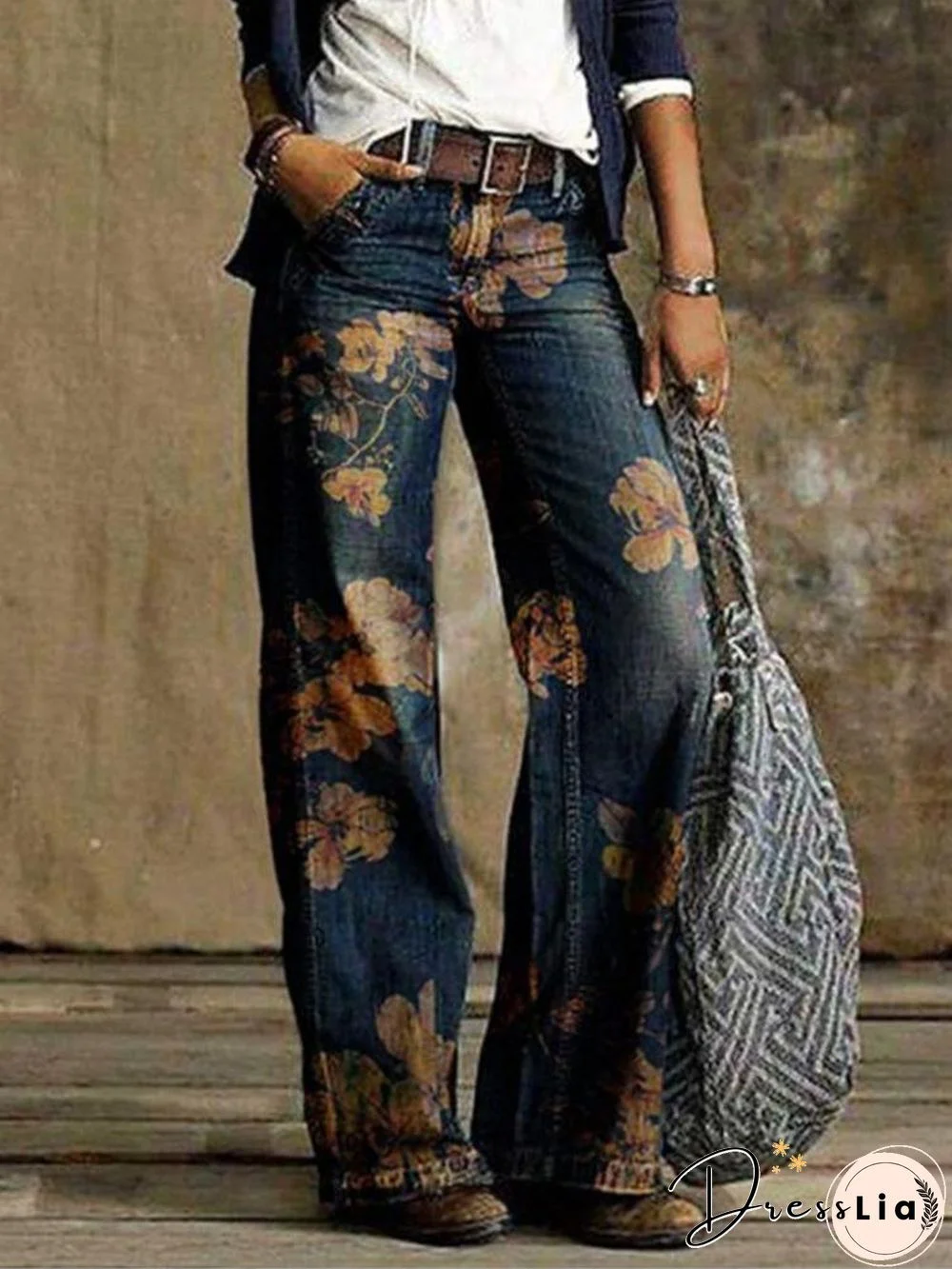 Casual Plus Size Printed Wide-leg Jeans