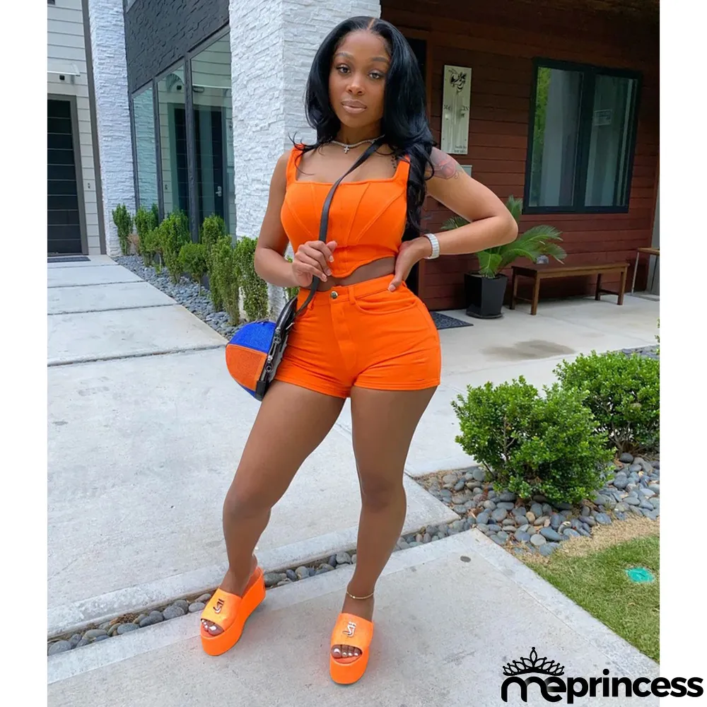 Solid Vest Top And Shorts Two Piece Sets