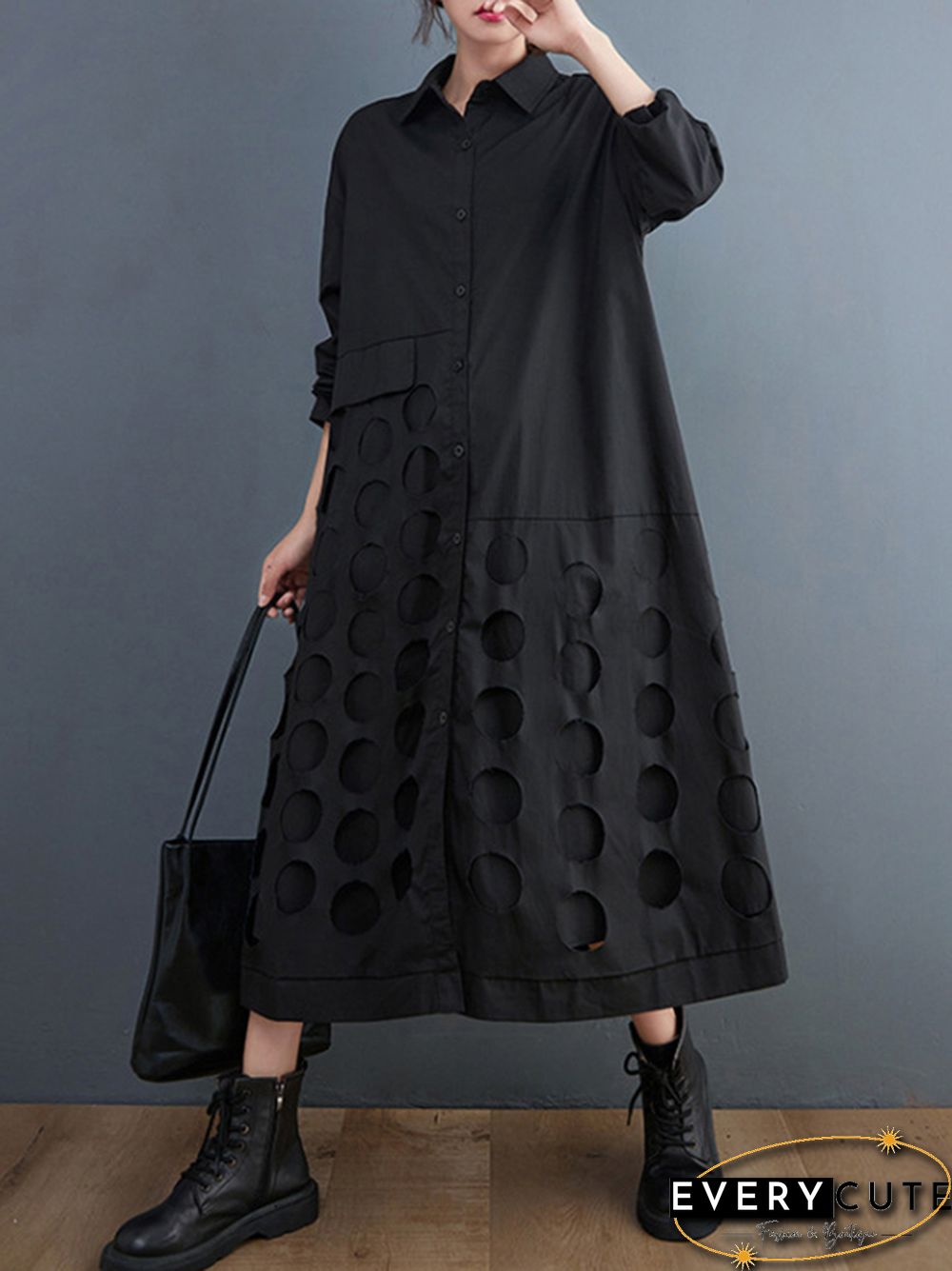 A-Line Long Sleeves Asymmetric Hollow Polka-Dot Solid Color Lapel Midi Dresses