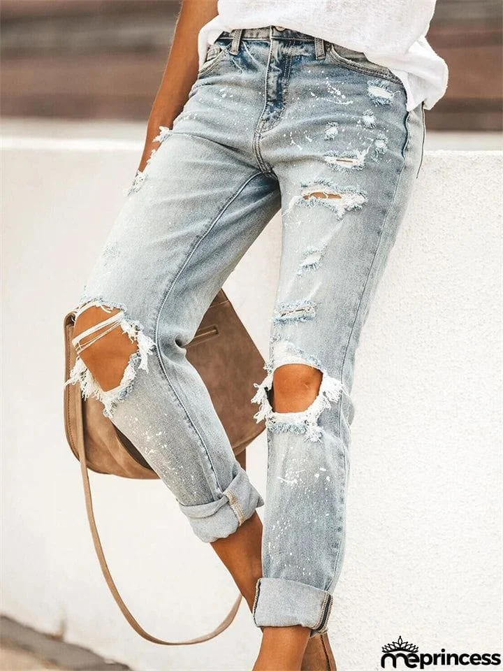 Women's Stretch Wash Effect Ripped Straight-Leg Street Style Jeans
