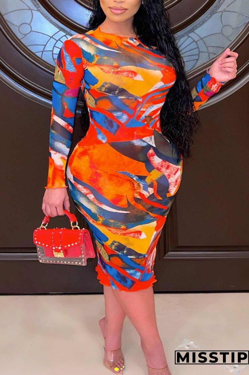 Colour Fashion Casual Print Patchwork O Neck Long Sleeve Plus Size Dresses