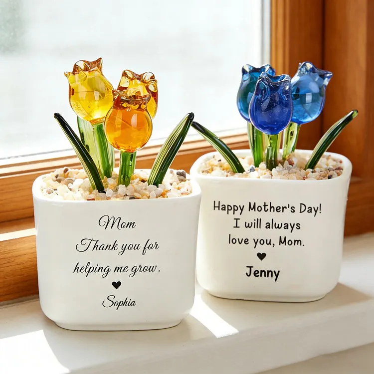 Personalized Glass Tulip Flower Pot, Hand Blown Everlasting Tulips, Mother's Day Gift