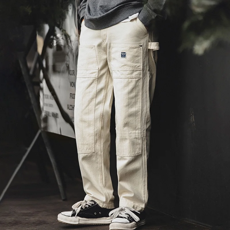 Vintage Distressed Off-White Straight Multi Pocket Jeans
