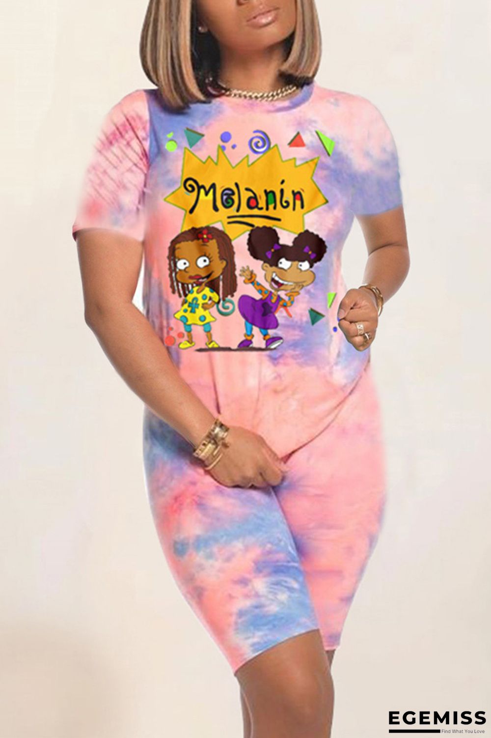 Pink Fashion Casual Printed Short Sleeve Shorts Set | EGEMISS
