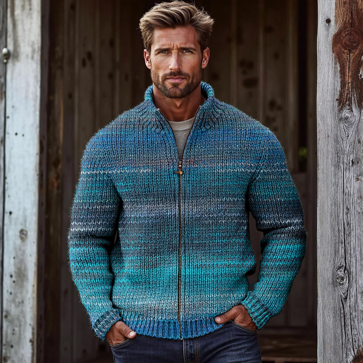 menweary Men's Vintage Stripes Gradient Knitted Zip Cozy Sweater