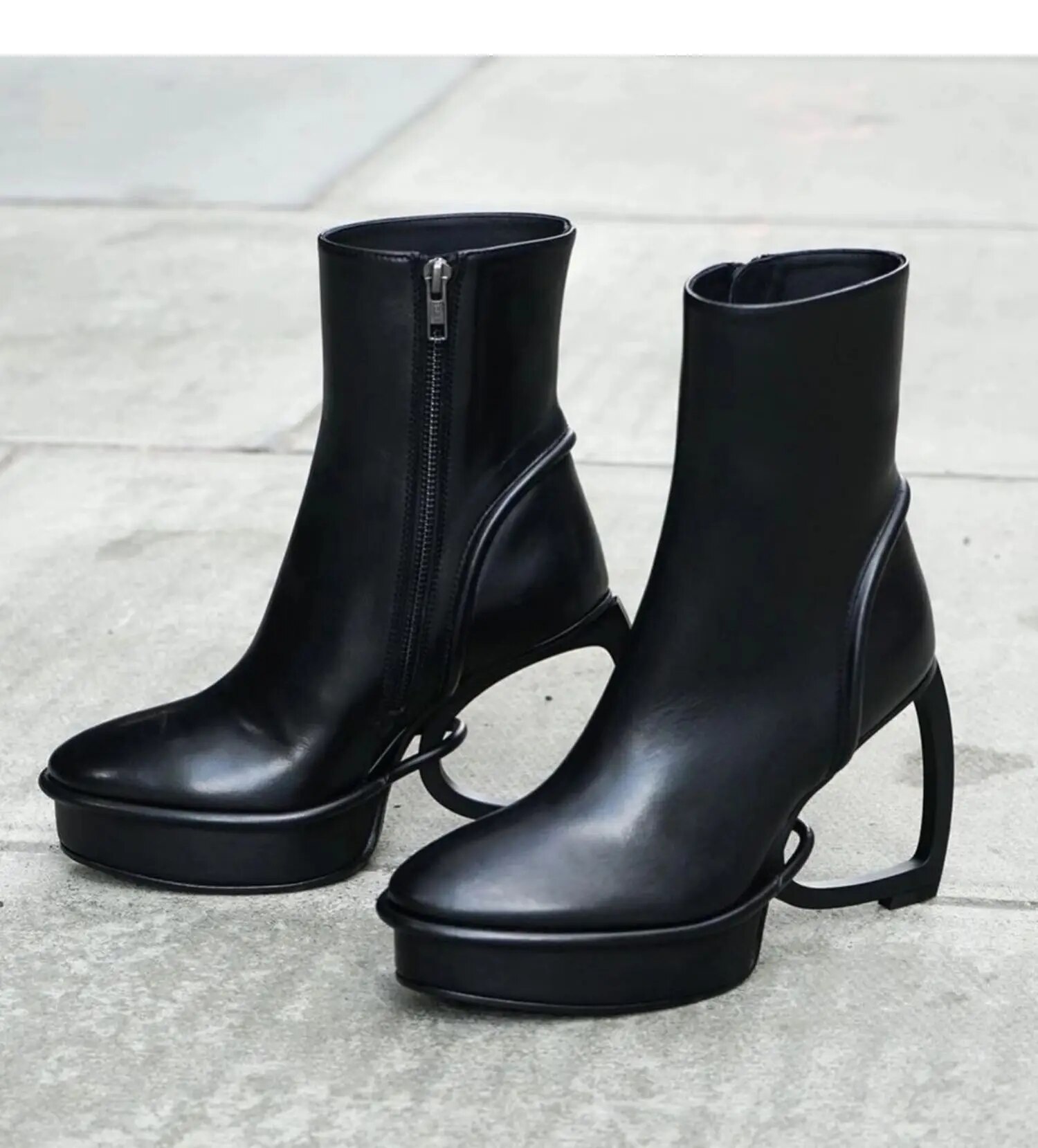 VCSHOES 0 Women Short Boots High Heels Black Leather Triangle Hollow Heeled Platform Side Zipper Runway Ankle Boots