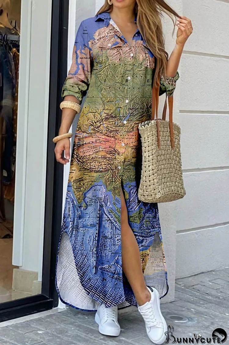 Indigo Casual Print Patchwork Buckle Turndown Collar Shirt Dress Dresses