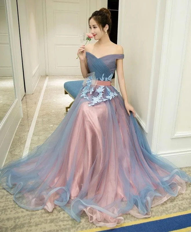 Gray Blue Tulle Off Shoulder Long Prom Dress, Gray Blue Evening Dress A025