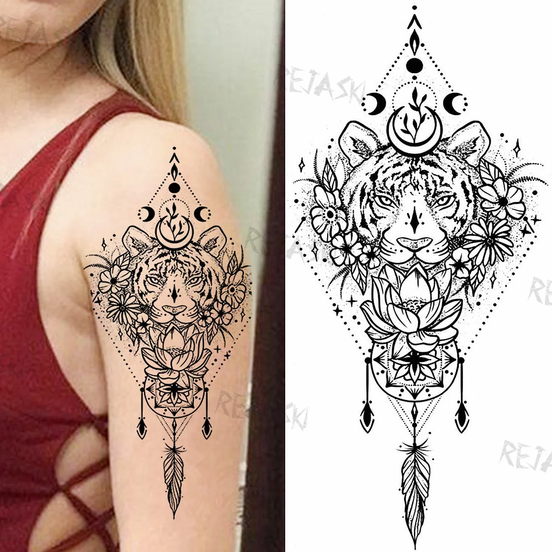 Mandala Flowers Temporary Tattoo For Women Black Henna Mehndi Tattoos Sticker Rose Lace Owl Fake Jewelry Tatoos Body Chest Back