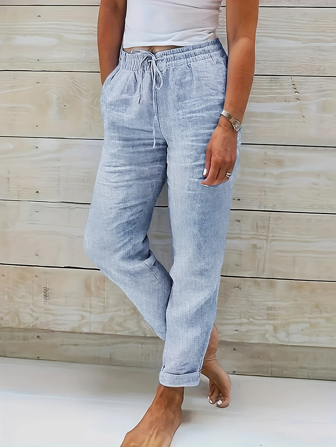 Women's Casual Imitation Denim Pants With Elastic Drawstring Waist & Rolled Hem - Straight-Leg Comfort, Machine Washable, All-Season Versatile Style, Functional Pockets, Everyday Comfort, Stylish Casualwear, Soft Texture Fabric | IFYHOME