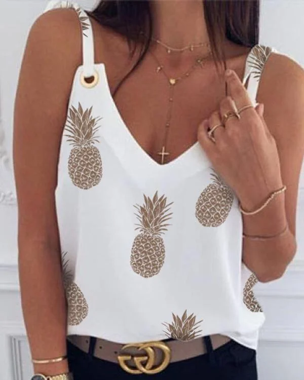 Print V-neck Eyelet Design Irregular Top Blouses