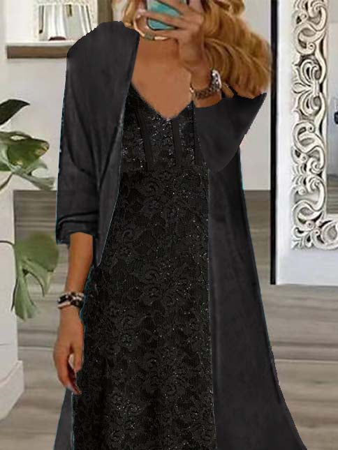 Women Half Sleeve V-neck Solid Color Dress