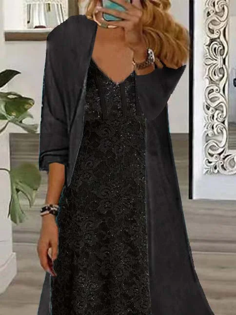 Women Half Sleeve V-neck Solid Color Dress