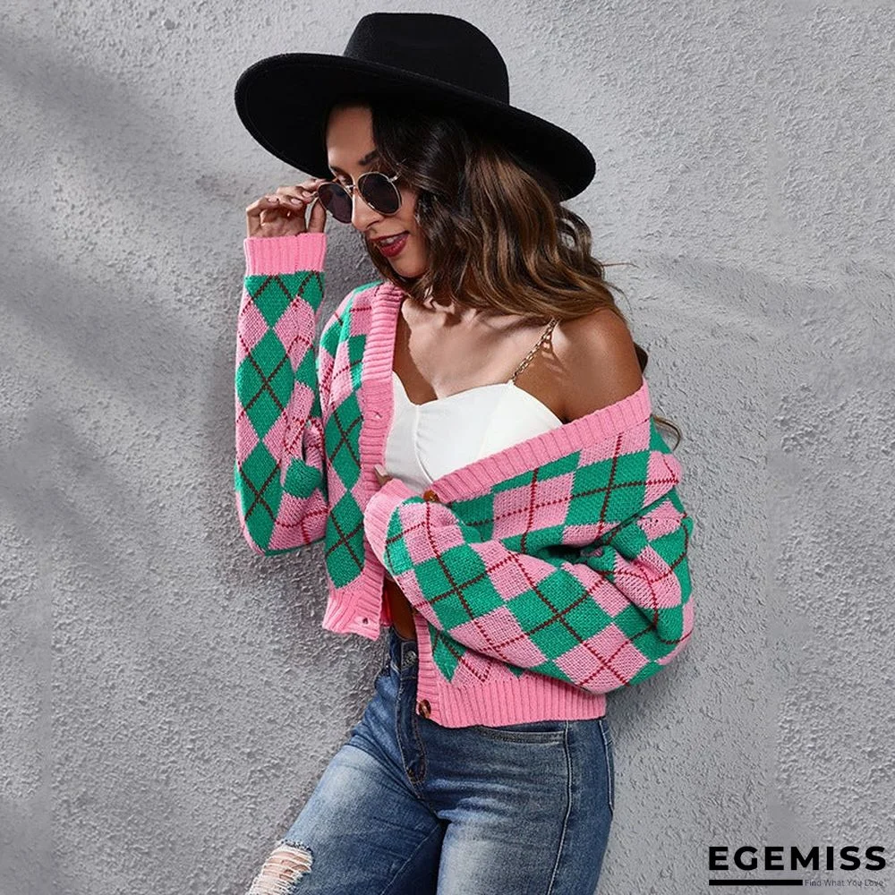 Rhombus Color Matching Diamond Loose Knit Cardigan Short Sweater | EGEMISS