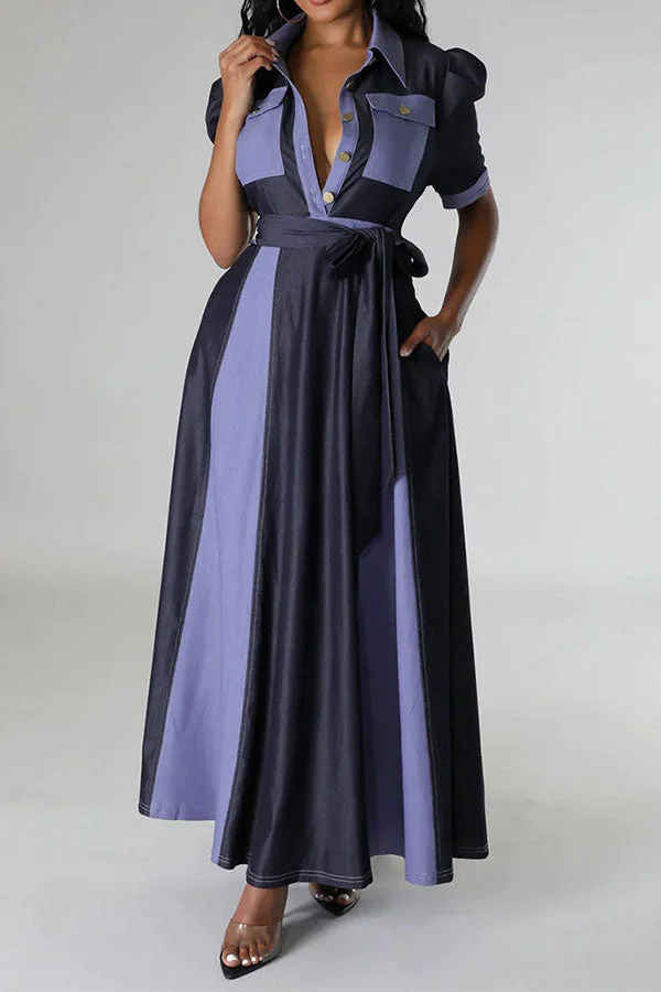 Color Block Patchwork Classic Belted Maxi Dress