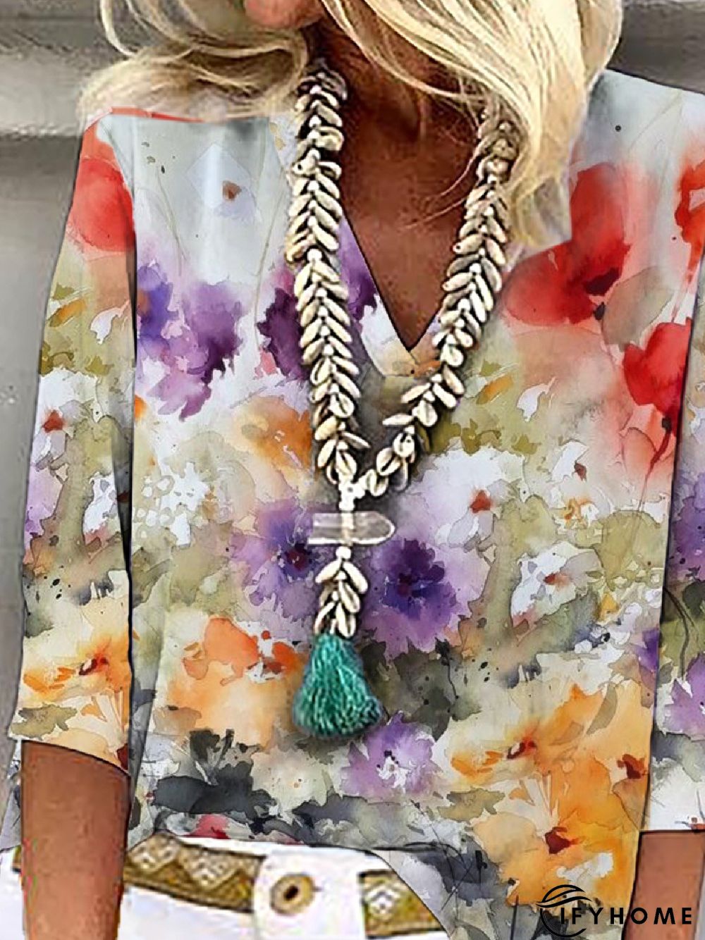 Casual Floral Loose V Neck Three Quarter Top | IFYHOME