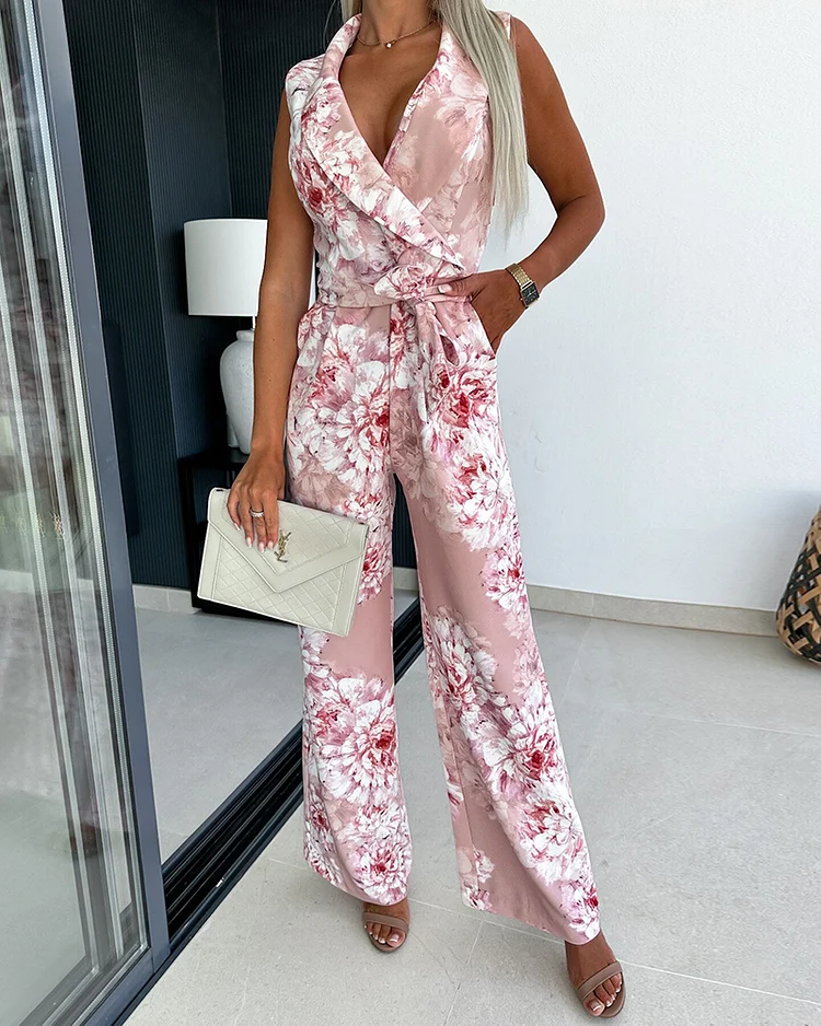 Printed Sleeveless V-neck Jumpsuit