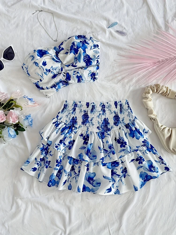 Vacation Beach Bandeau Print Skirt Set - Women's Stylish Two-Piece Romantic Resort Outfit, Tiered Mini Skirt, Perfect For Spring/Summer Casual Wear