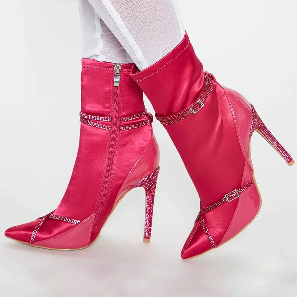 Red Pointed Toe Boots Rhinestone Strap Stiletto Heel Calf Boots Nicepairs
