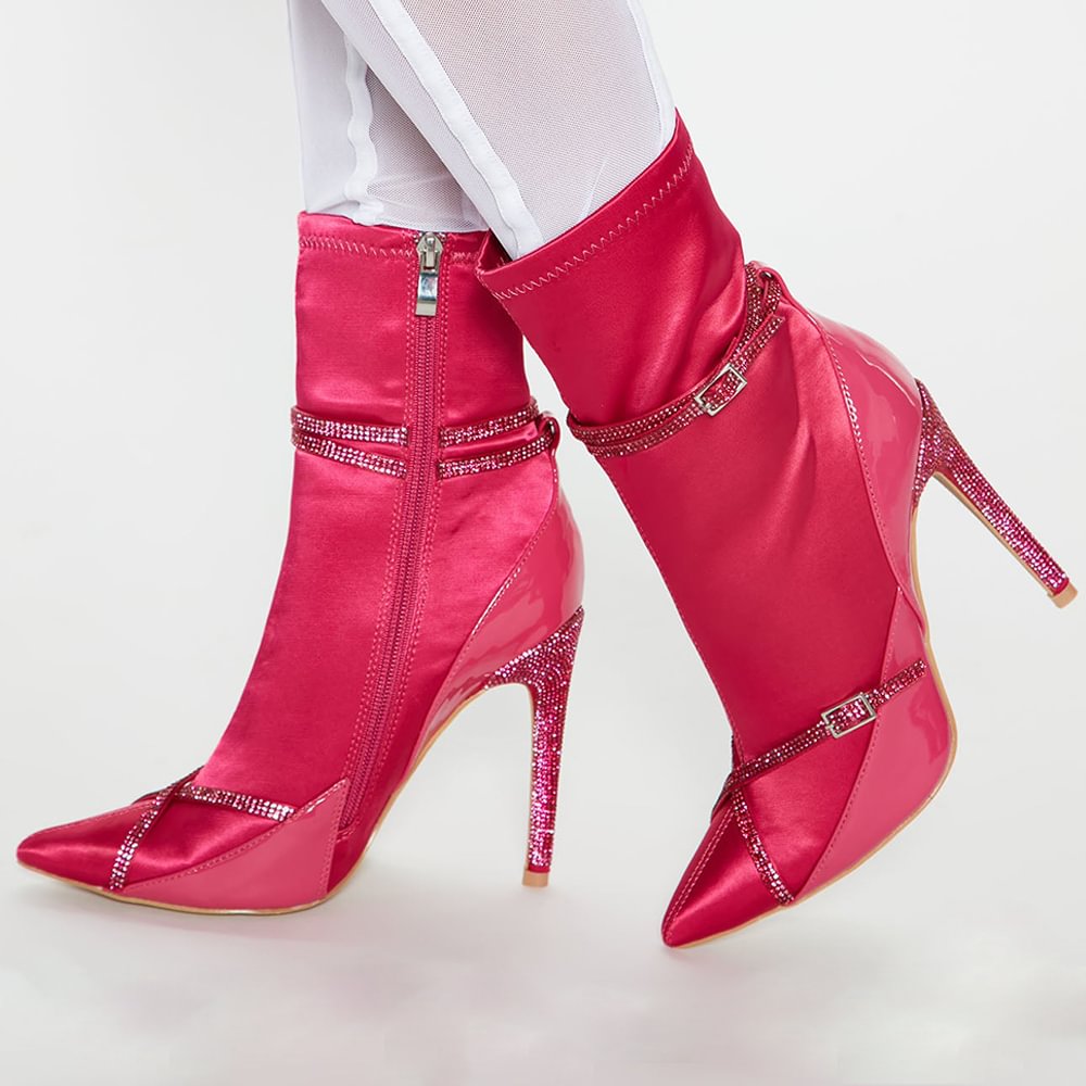 Red Pointed Toe Boots Rhinestone Strap Stiletto Heel Calf Boots Nicepairs