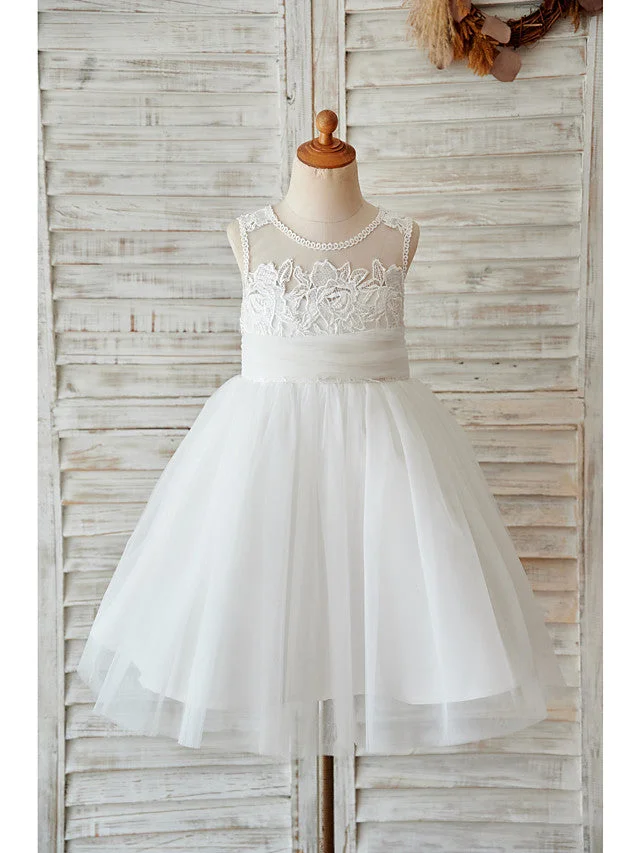 Hellodresses Sleeveless Jewel Neck Ball Gown Flower Girl Dress Lace Tulle With Lace