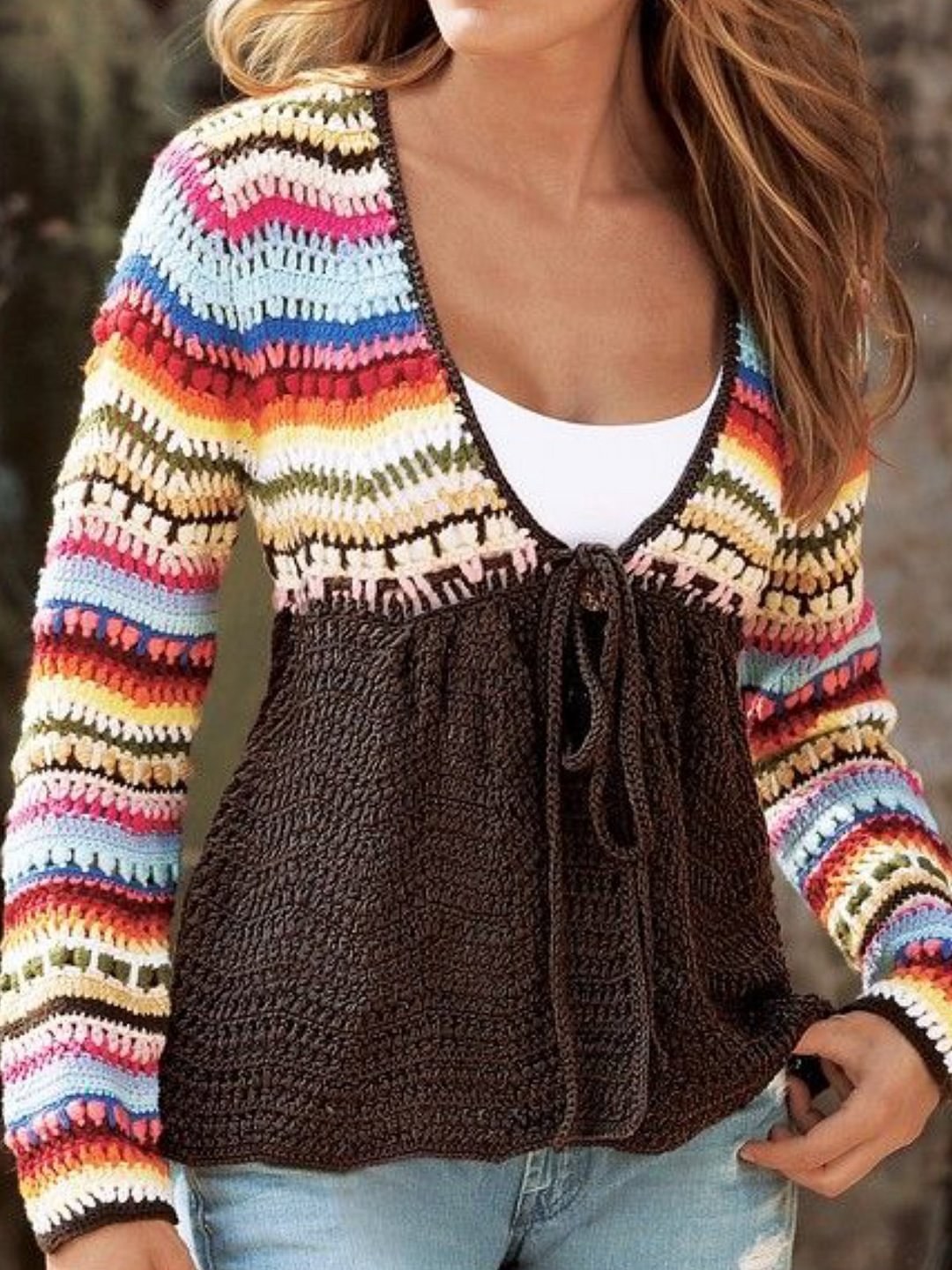 V Neck Tribal Knitted Long Sleeve Sweater - VSMEE