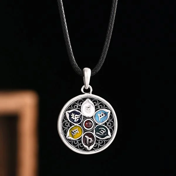 Sterling Silver Six Character Lotus Pendant Necklace