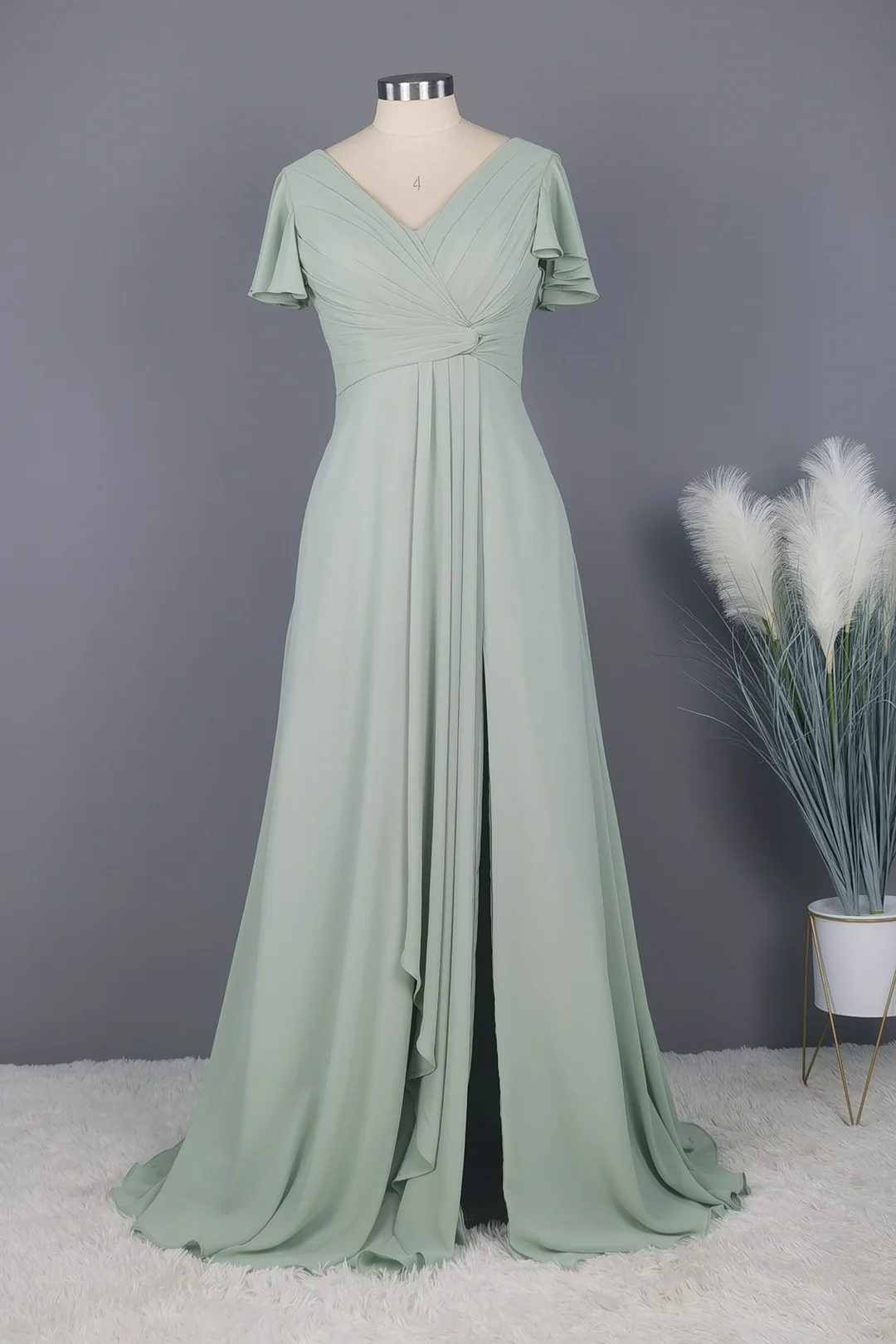 Bridesmaid Dress Long Chiffon V Neck Light Green Lace Up OK003
