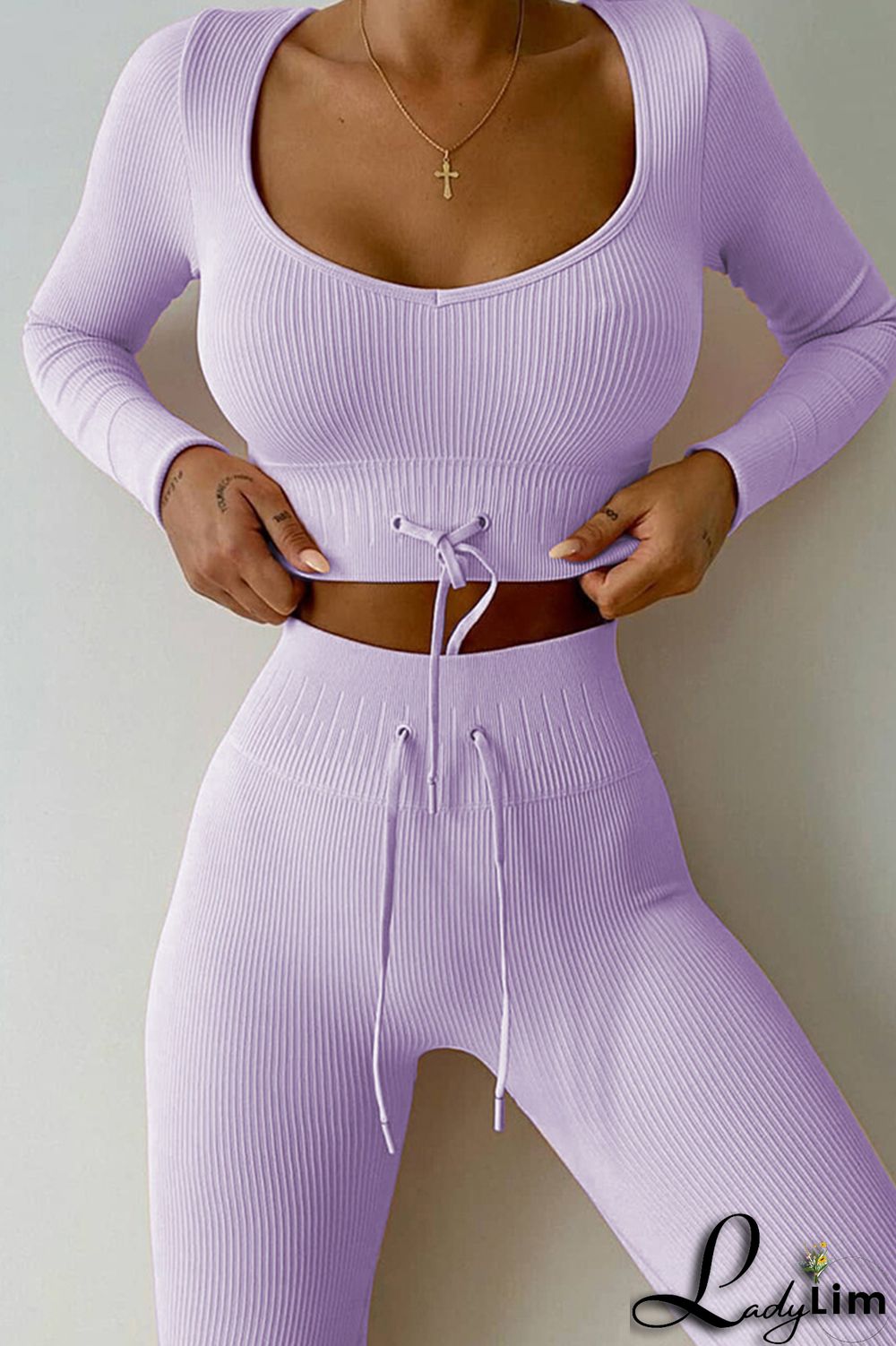 Light Green Casual Sportswear Solid Frenulum V Neck Long Sleeve Two Pieces