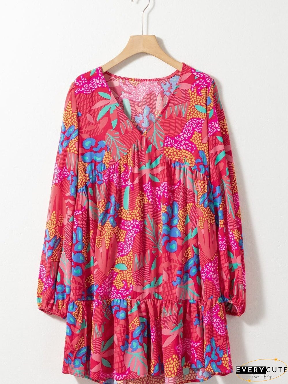 Rose Blossom V Neck Bubble Sleeve Ruffle Detail Mini Dress