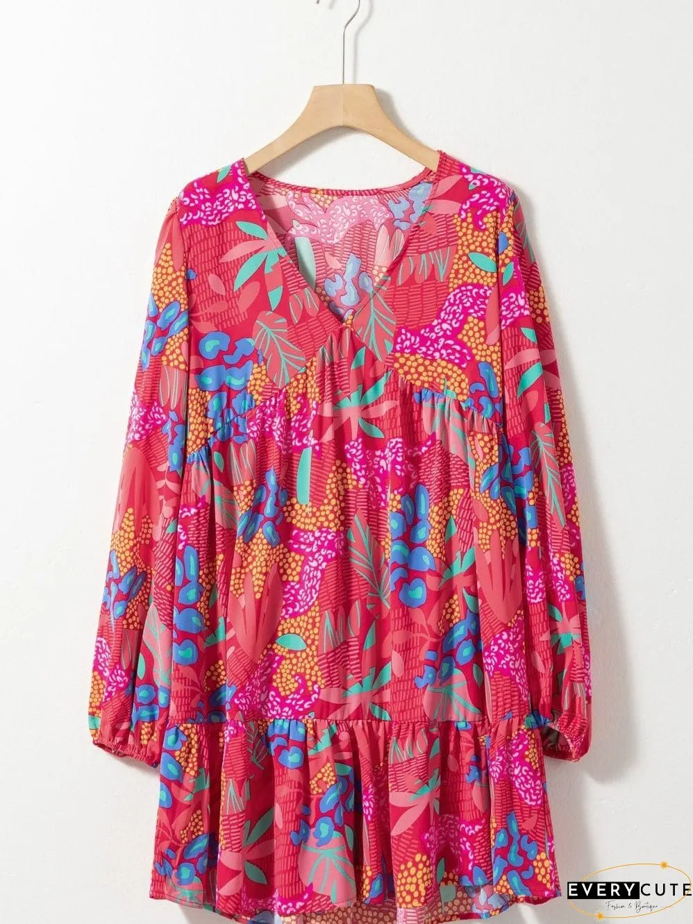 Rose Blossom V Neck Bubble Sleeve Ruffle Detail Mini Dress