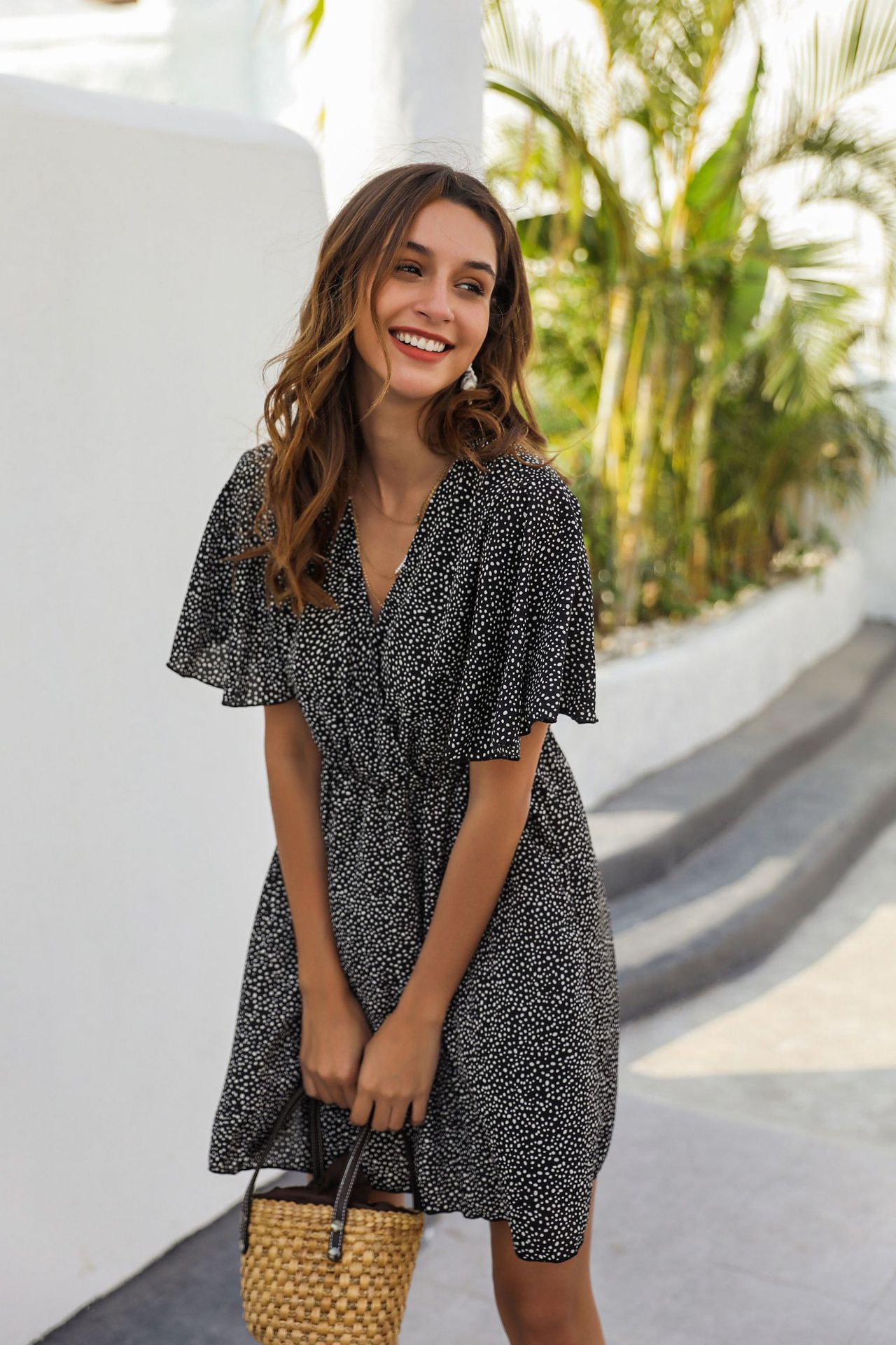 Elegant Floral Print V Neck Short Sleeve High Waist Mini Dress