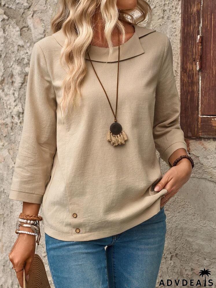 Ladies' Simple Solid Color Long Sleeve Linen Casual Shirt