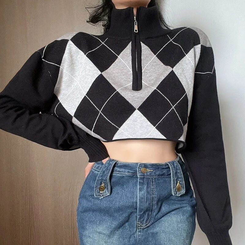 HEYounGIRL Casual Argyle Plaid Print Cropped Sweater Autumn Casual Loose Knitted Jumpers Top Preppy Style Korean Pullovers Y2K