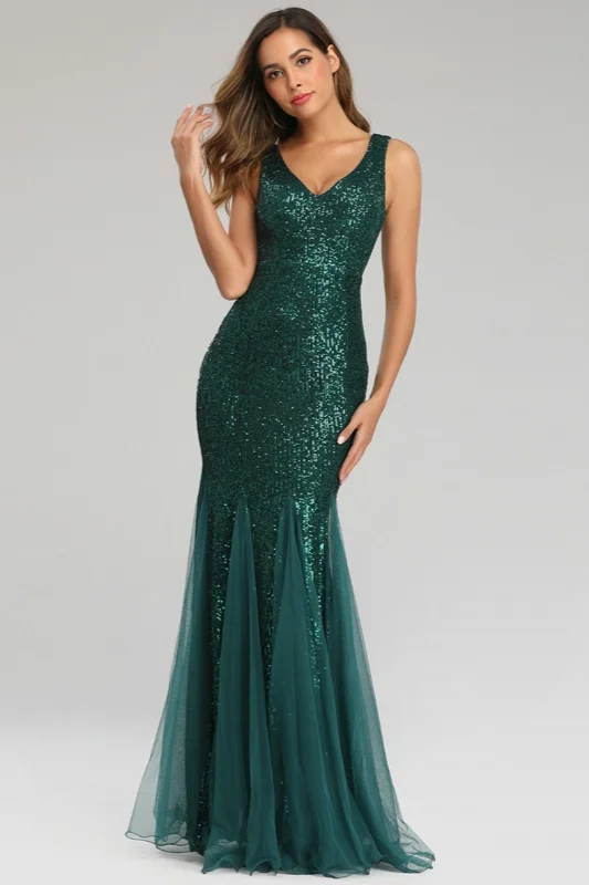 Dark Green Sequins Mermaid Evening Gowns Long Prom Dress With Tulle Ruffles - lulusllly