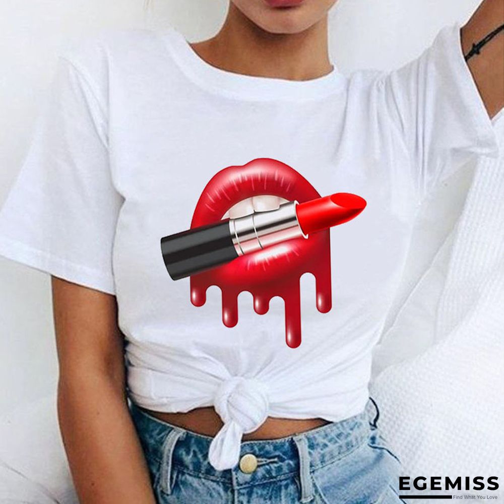 Black Fashion Casual O Neck Short Sleeve Regular Sleeve Regular Lips Printed Tops | EGEMISS