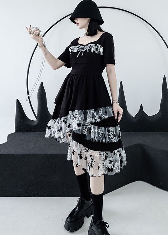 Black White Ruffles Tulle Patchwork Cotton Dress Square Collar Asymmetrical Design Summer