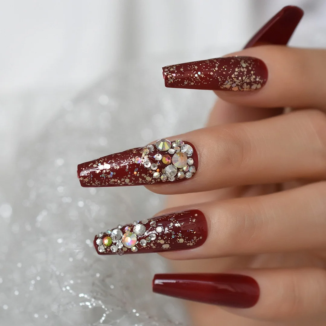 Press On Nail Red Extra Long Glitter Fake Diamond Rhinestone Pre Designs Coffin Ballerina Supplies For Professionals Wholesale-Nail Inspo