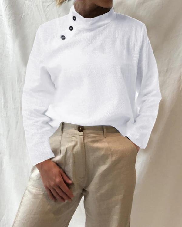 Women Solid Color Button High Collar Long Sleeve Shirts