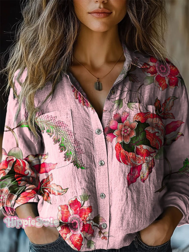 Women’s Retro Flowers Print Casual Long Sleeve Comfortable Cotton Shirt Multicolor / S