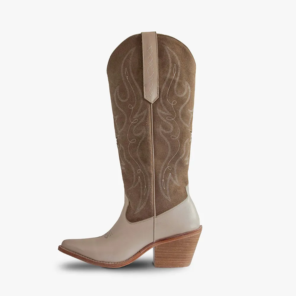 Taupe Block Heel Embroidered Knee High Snip Toe Cowboy Boots for Women