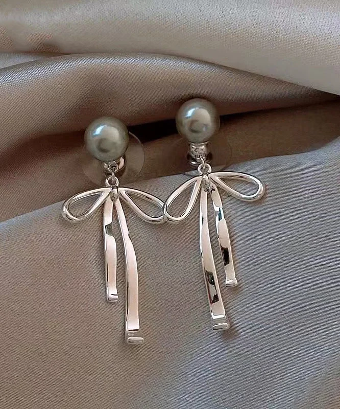 Unique Silk Sterling Silver Metal Pearl Bow Drop Earrings