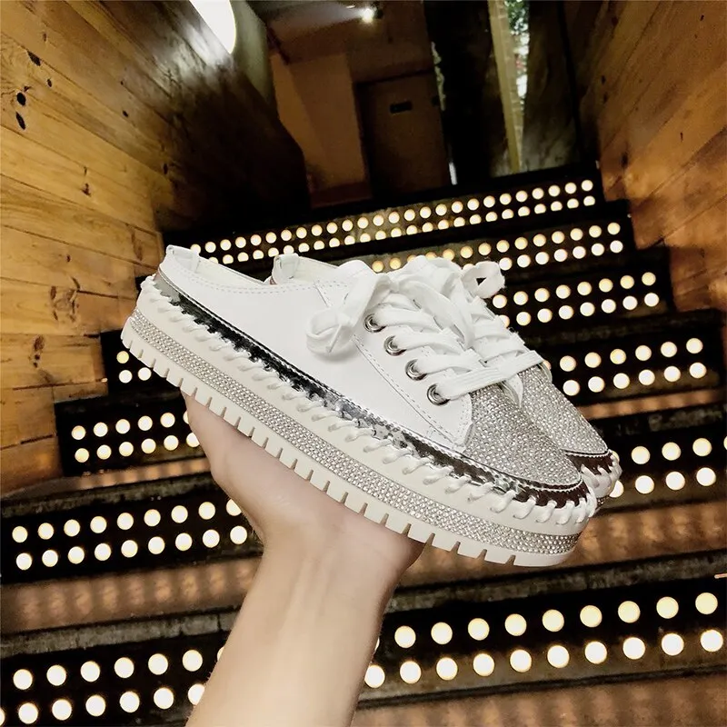 Lucyever Women Crystal Flat Shoes 2019 Autumn Fashion Bing Lace Up Ladies Casual Shoes Comfortable Round Toe Platform Sneakers