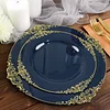 10 Pack | 10" Round Plastic Dinner Plates in Vintage Navy Blue, Gold Leaf Embossed Baroque Disposable Plates