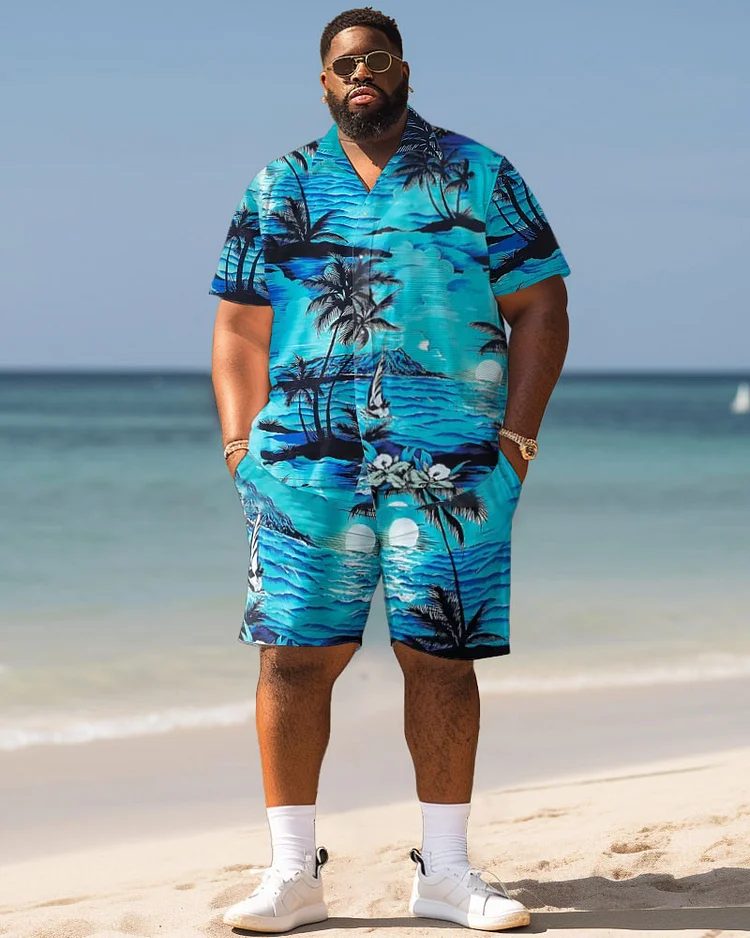 Men's Plus Size Hawaiian Seaside Coconut Tree Print Shirt Shorts Suit