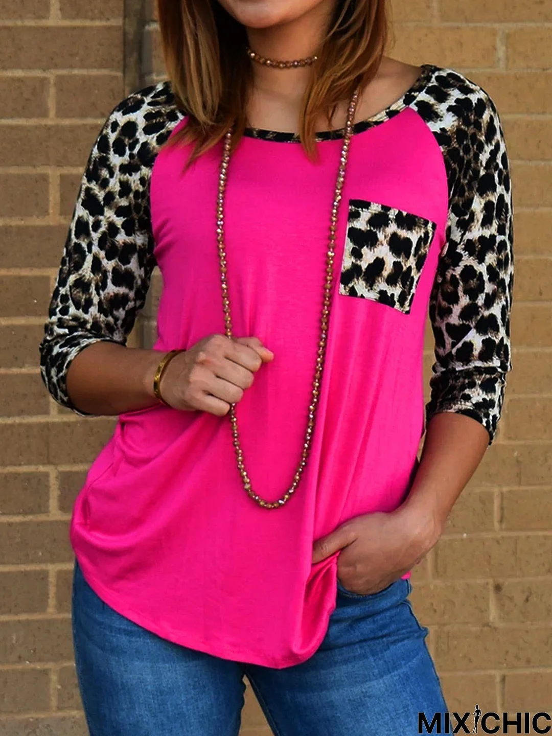 Shift 3/4 Sleeve Crew Neck Leopard T-shirt